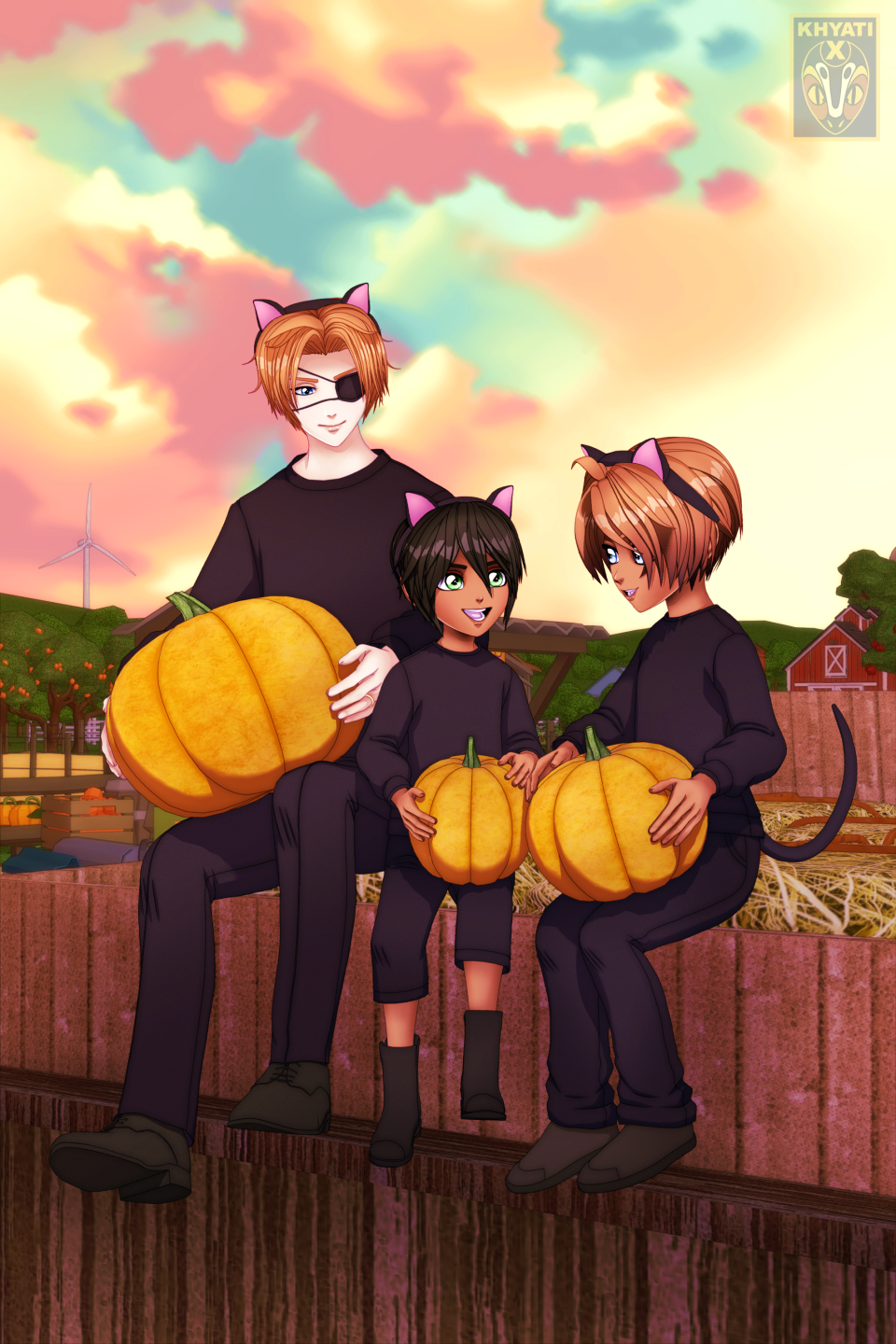 Lyall with kid Zenchav and Keys on a hay ride for Halloween