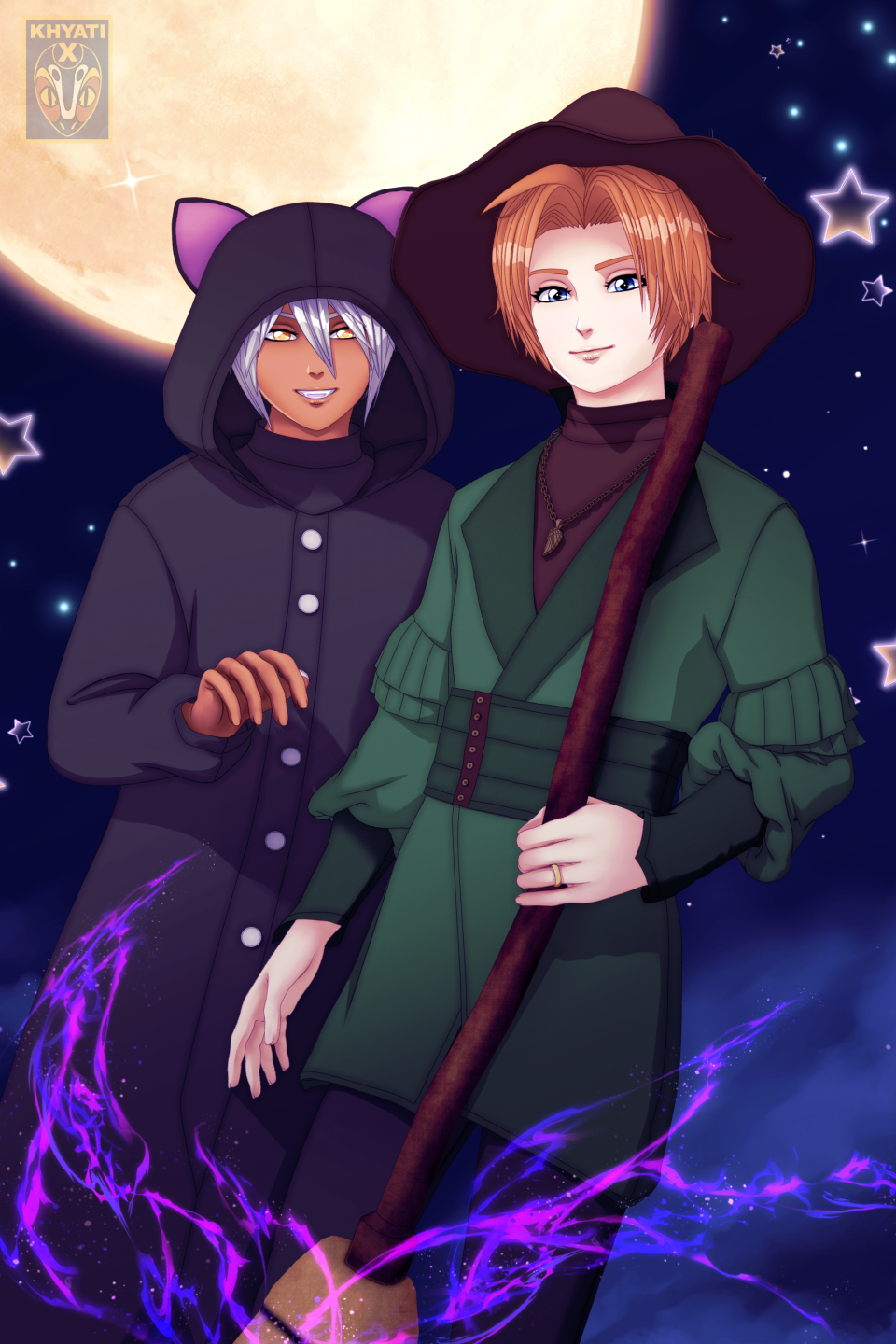 Lyall dressed as a witch and Zenchav as his black cat familiar for Halloween