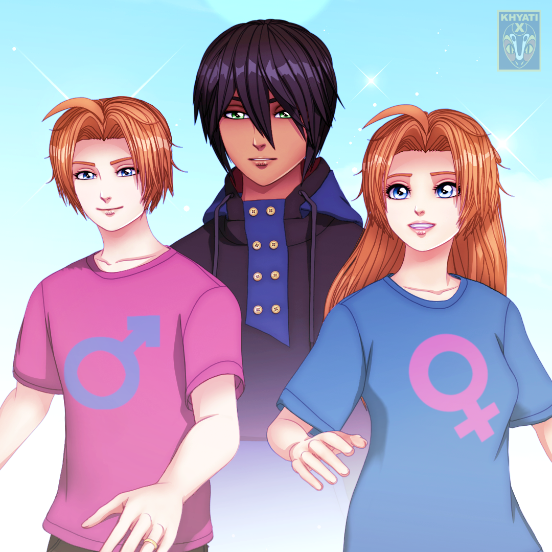 Male and Female Lyall with gender shirts and young Zenchav